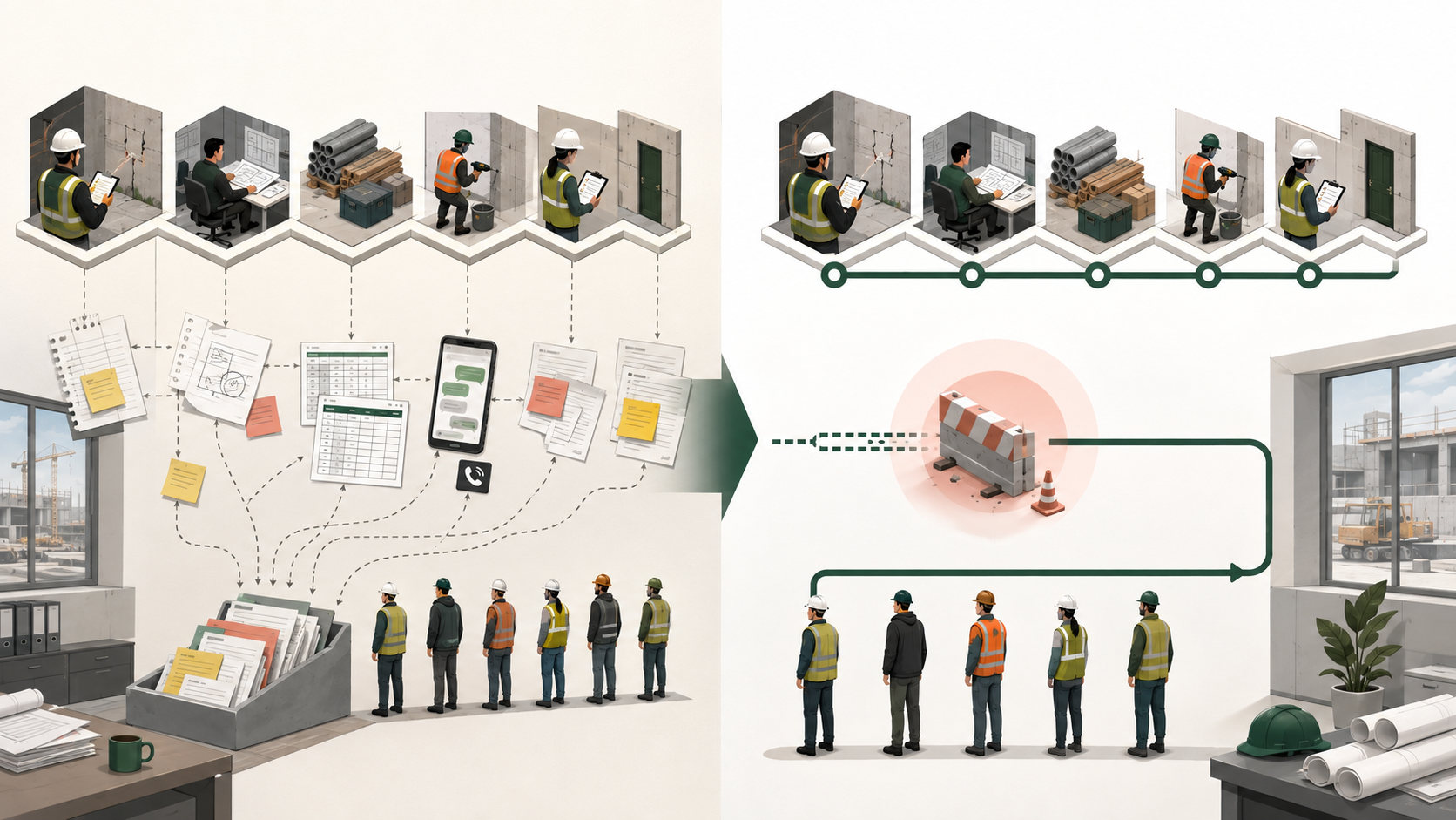 Ilustração didática comparando uma operação de construção fragmentada em papéis e mensagens com um fluxo conectado entre campo, planejamento, materiais, execução e inspeção