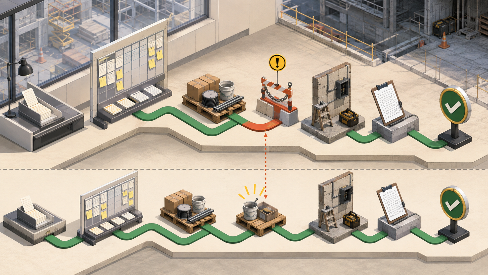 Ilustração isométrica de um fluxo de manutenção em construção com uma restrição bloqueando o caminho e uma segunda versão com a restrição liberada